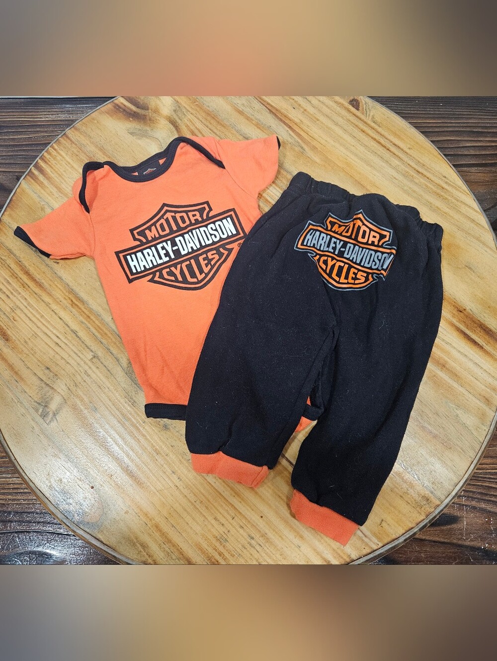Harley-Davidson 9 Mo Orange & Black Baby Jogger Onesie W/ Bottoms Set